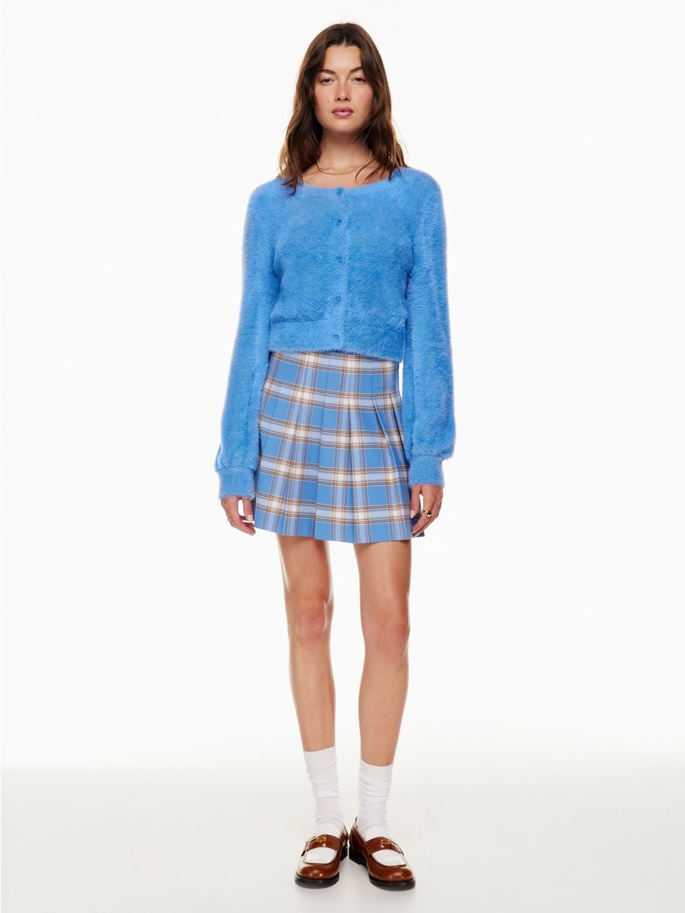 Aritzia Azurine Blue Fuzzy Button Carmen Sweater